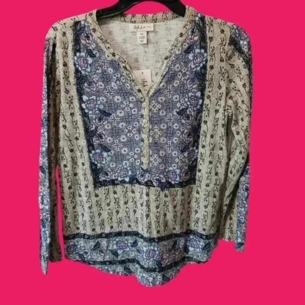 Style & co printed split neck peasant top size PS blue tang sand